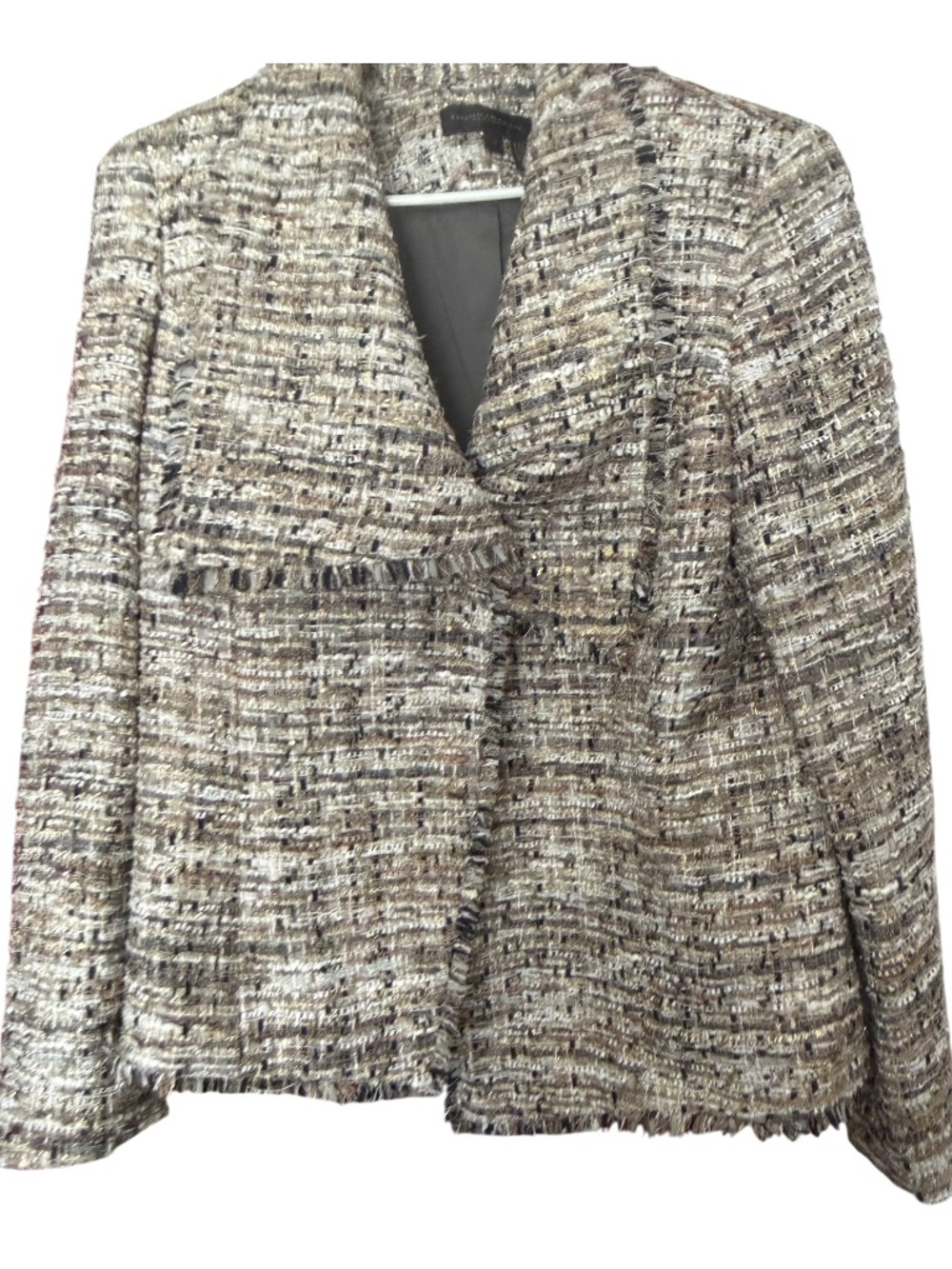 Donna Karan Neutral Tweed Fringe-Trim Blazer